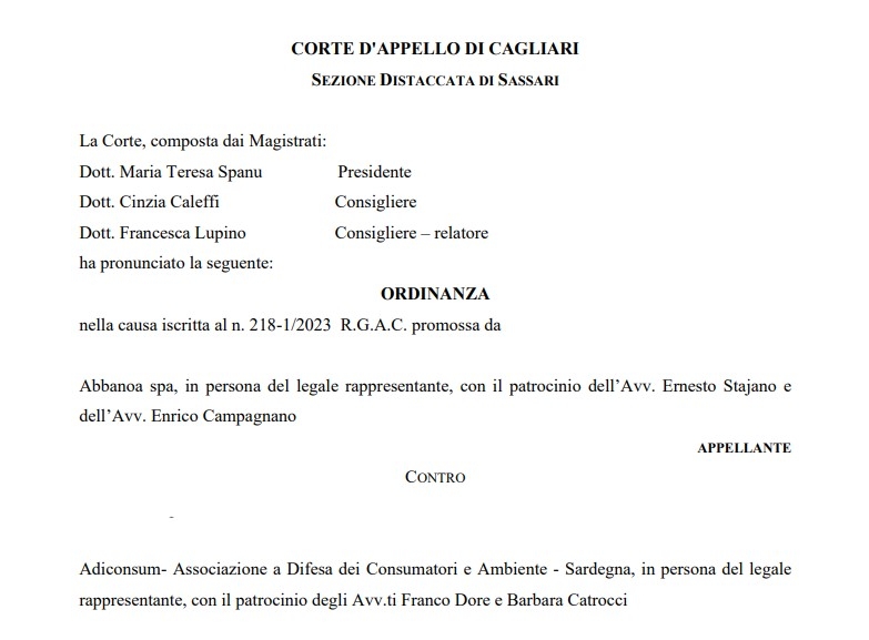 Immagine: Frontespizio ordinanza corte d'appello conguagli adiconsum